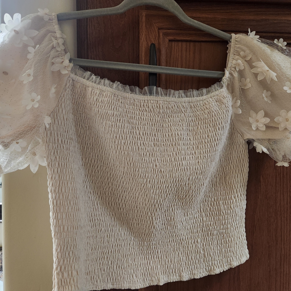 SHEIN Cream Smocked Ruffled Blouse